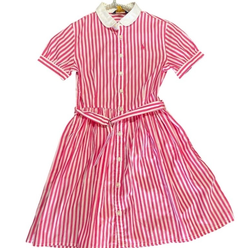 Polo Ralph Lauren Girls Shirt Dress Size 14 Pink White Stripe Belted Midi